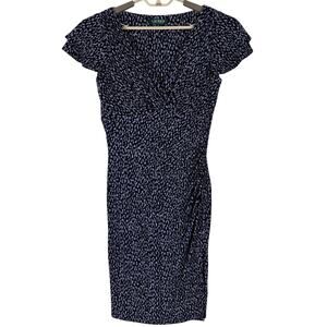 Lauren Ralph Lauren faux wrap dress v-neck flutter sleeve 10 navy blue print